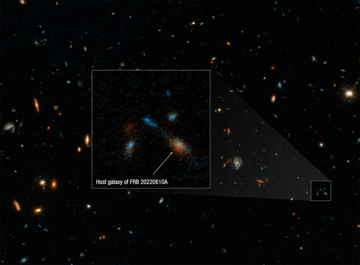 <i>Space Telescope Science Institute</i><br/>Astronomers used the Hubble Space Telescope to trace a fast radio burst back to a compact group of at least seven galaxies.