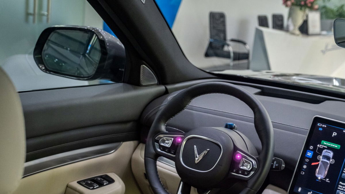 <i>Linh Pham/Bloomberg/Getty Images</i><br/>The steering wheel and the dashboard of VVinFast Auto Ltd. electric vehicle VF5 model on display inside the company's showroom in Hanoi
