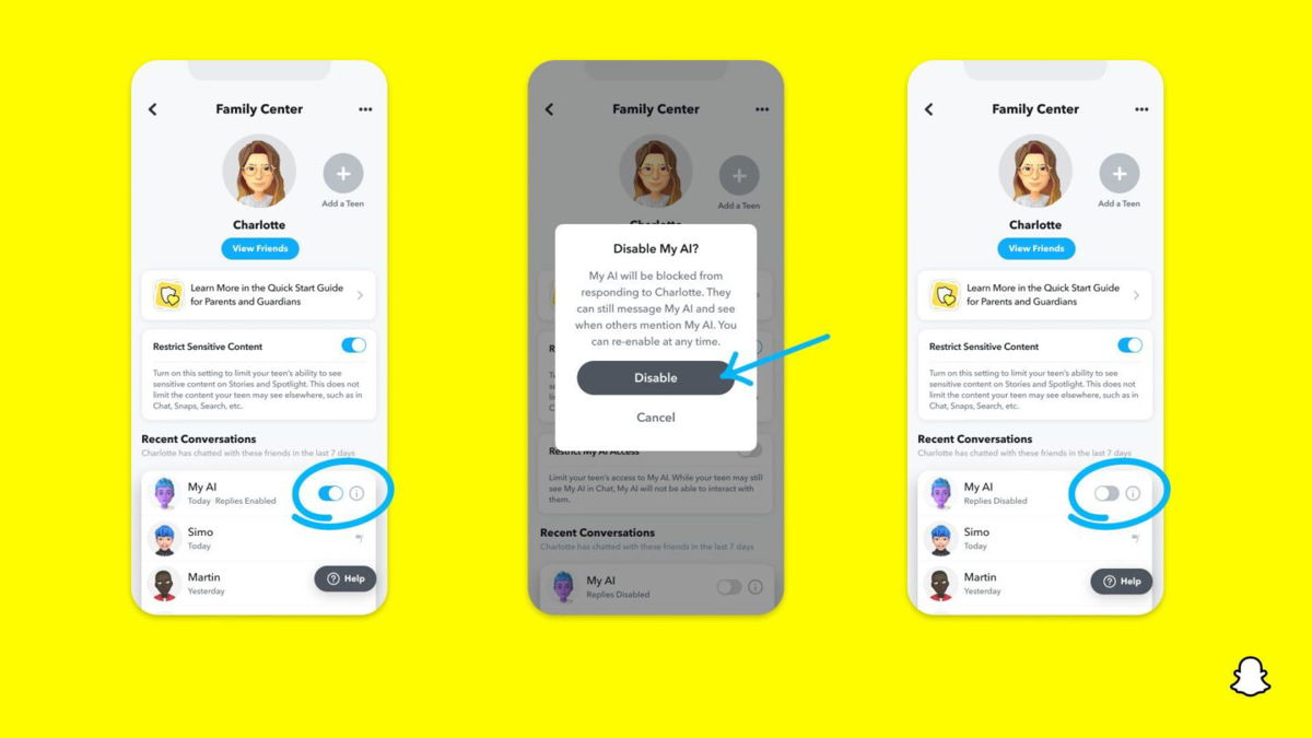 <i>Snapchat</i><br/>Snapchat will now let parents decide whether their teen can chat with the app's My AI chatbot.