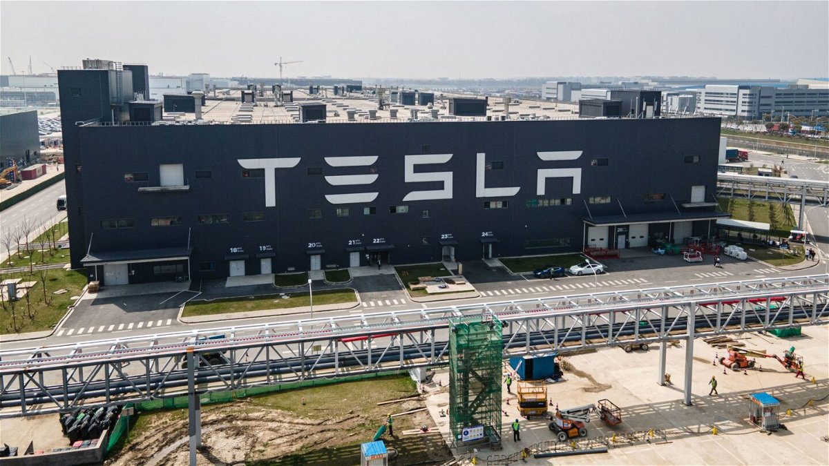 <i>Xiaolu Chu/Getty Images</i><br/>An aerial view of Tesla Shanghai Gigafactory.