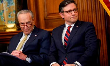 Senate Majority Leader Chuck Schumer and House Speaker Mike Johnson listen at the US Capitol on December 12