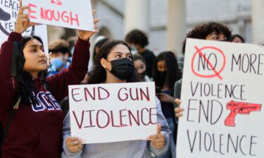 Students from Miguel Contreras Learning Complex high school in Los Angeles demonstrate in front of City Hall after walking out of school to protest gun violence in May 2022.