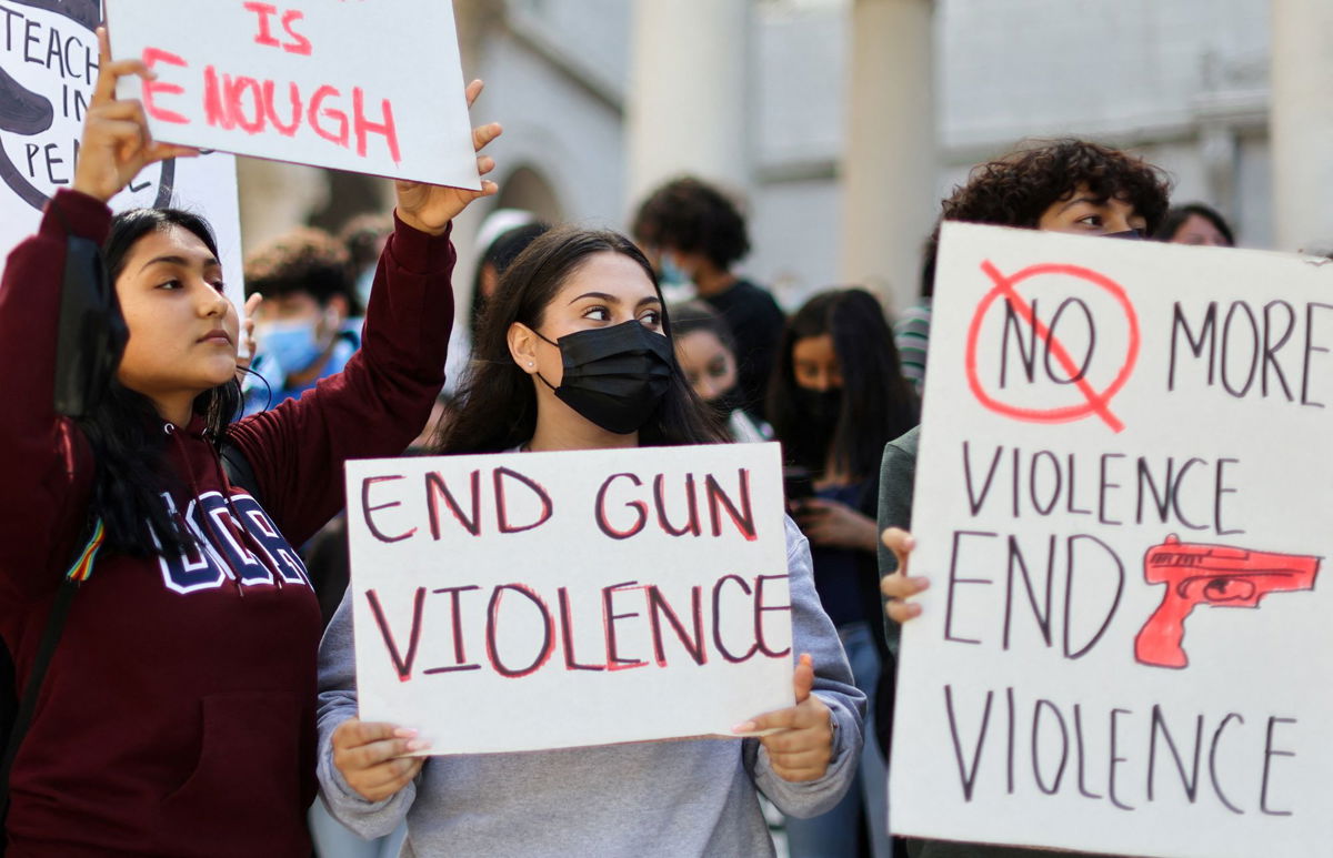 <i>Lucy Nicholson/Reuters/File</i><br/>Students from Miguel Contreras Learning Complex high school in Los Angeles demonstrate in front of City Hall after walking out of school to protest gun violence in May 2022.