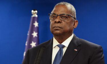 U.S. Secretary of Defense Lloyd Austin looks on during a joint press conference with Israeli Defense Minister Yoav Gallant at Israel's Ministry of Defense in Tel Aviv