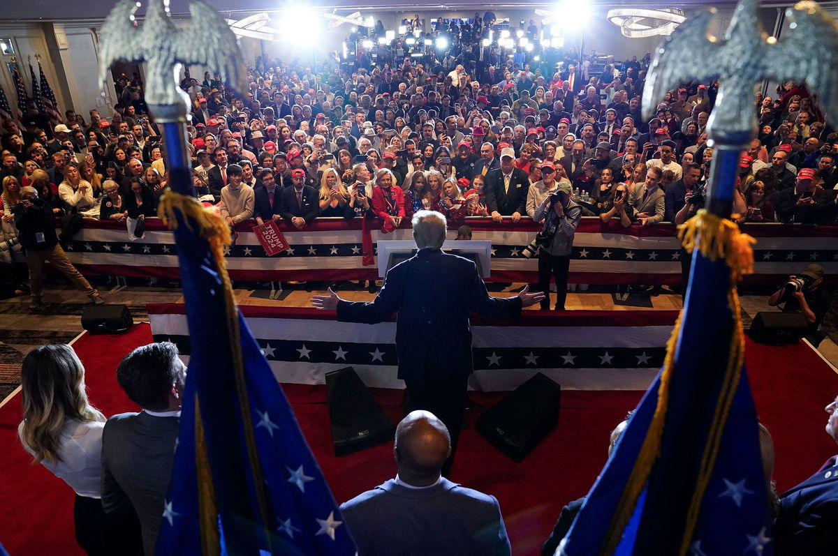 <i>Jabin Botsford/The Washington Post/Getty Images</i><br/>Former president Donald Trump speaks after he was projected to be the New Hampshire primary winner during a watch party on Tuesday