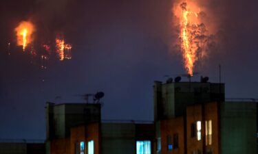 Flames rise from a forest during a wildfire in Bogota on January 24.