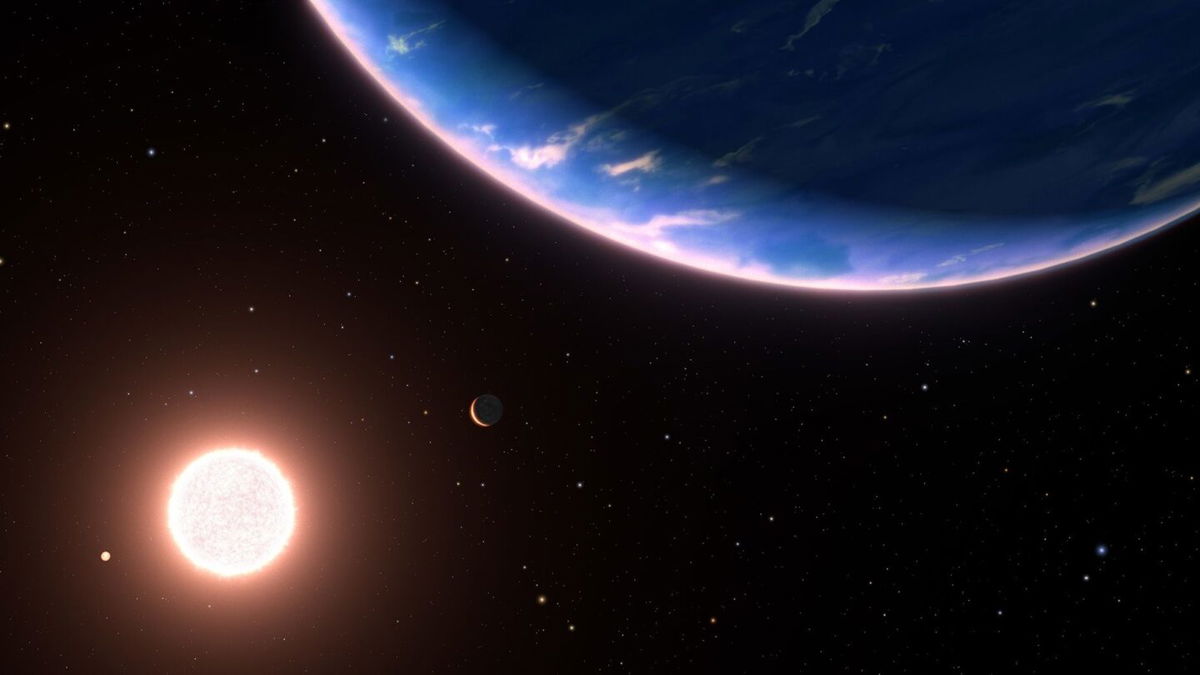 <i>NASA/ESA/Leah Hustak (STScI)/Ralf Crawford (STScI)</i><br/>An artist's illustration depicts exoplanet GJ 9827d (foreground