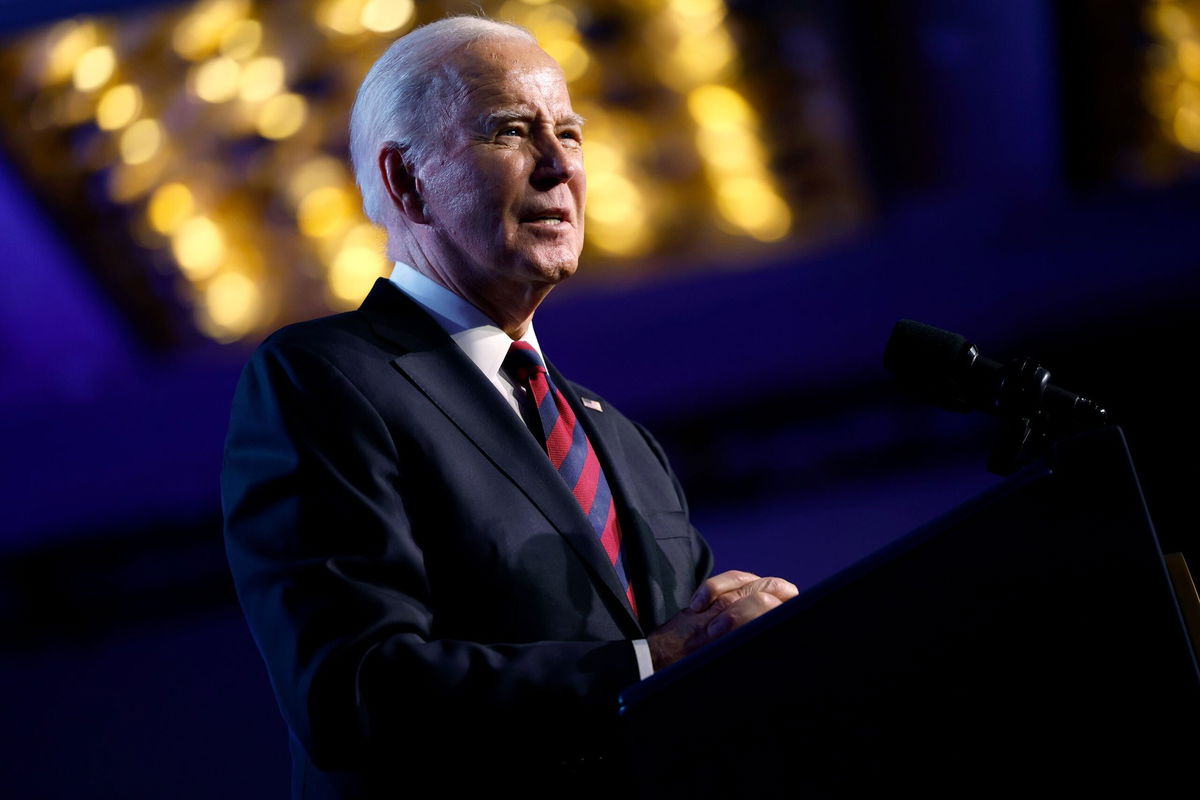 <i>Ting Shen/Bloomberg/Getty Images</i><br/>US President Joe Biden at the United Auto Workers conference in Washington