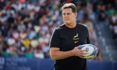 Rassie Erasmus looks on during a South Africa training session at the Mayol Stadium in Toulon
