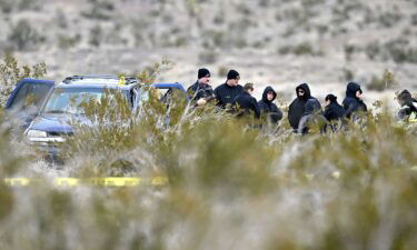 Investigators with the San Bernardino County Sheriff's Department investigate after six bodies were discovered on a dirt road in the Mojave Desert in El Mirage