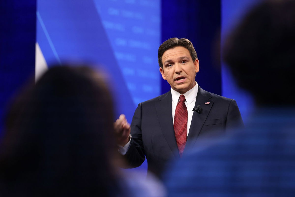 <i>Rebecca Wright/CNN</i><br/>Republican presidential candidate and Florida Gov. Ron DeSantis participates in a CNN Republican Town Hall moderated by CNN's Kaitlan Collins at Grand View University in Des Moines