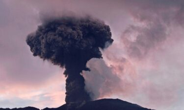 Marapi's volcanic ash seen in the distance from Tanah Datar District in West Sumatra.