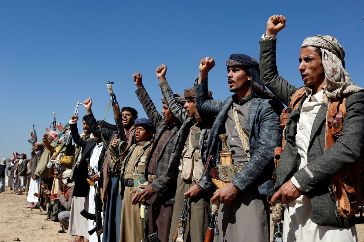 <i>AP</i><br/>Houthi fighters and tribesmen stage a rally against the U.S. and the U.K. strikes on Houthi-run military sites near Sanaa