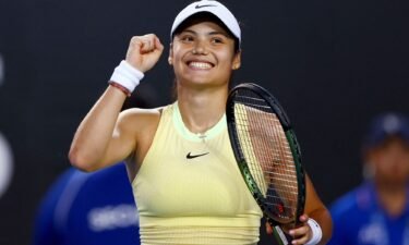 Raducanu celebrates her first-round win against Shelby Rogers at the Australian Open.