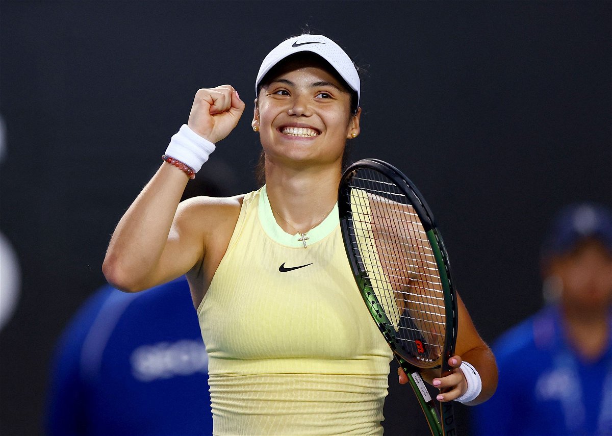 <i>Edgar Su/Reuters</i><br/>Raducanu celebrates her first-round win against Shelby Rogers at the Australian Open.