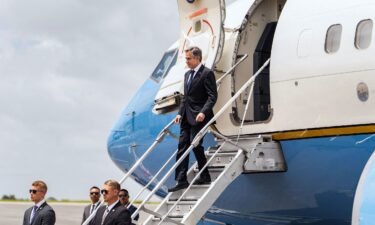 Secretary of State Antony Blinken gets off his plane after his arrival to the Cheddi Jagan International Airport for an official visit to Georgetown