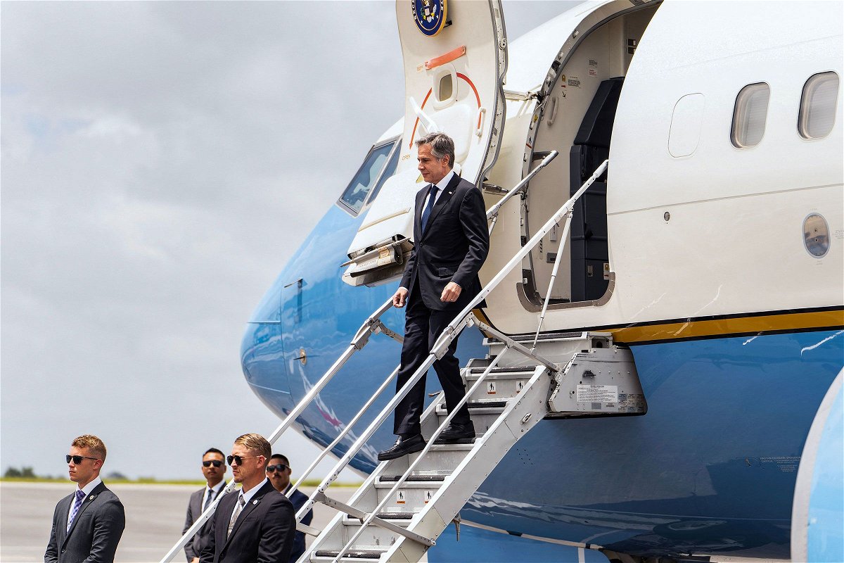 <i>Keno George/AFP/Getty Images/File</i><br/>Secretary of State Antony Blinken gets off his plane after his arrival to the Cheddi Jagan International Airport for an official visit to Georgetown