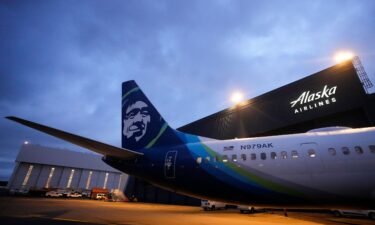 An Alaska Airlines Boeing 737 Max 9 with a door plug aircraft awaits inspection at the airline's hangar at Seattle-Tacoma International Airport Wednesday