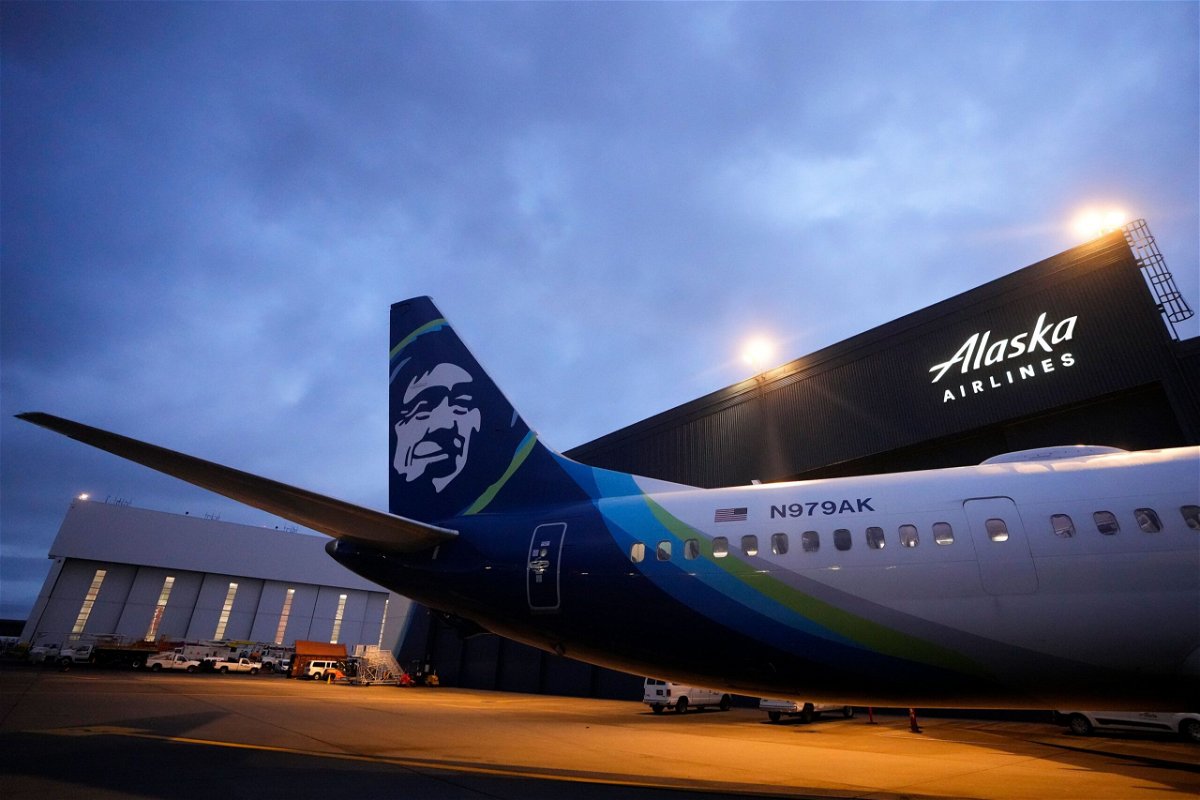 <i>Lindsey Wasson/AP</i><br/>An Alaska Airlines Boeing 737 Max 9 with a door plug aircraft awaits inspection at the airline's hangar at Seattle-Tacoma International Airport Wednesday