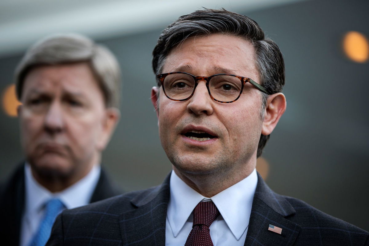 <i>Samuel Corum/Getty Images</i><br/>House Speaker Mike Johnson speaks in front of the West Wing at the White House on January 17