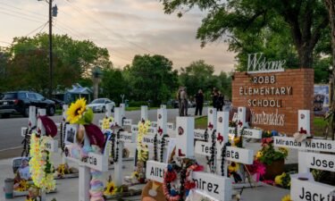 Crosses mark a memorial dedicated to the 19 children and two adults killed during a mass shooting on May 24