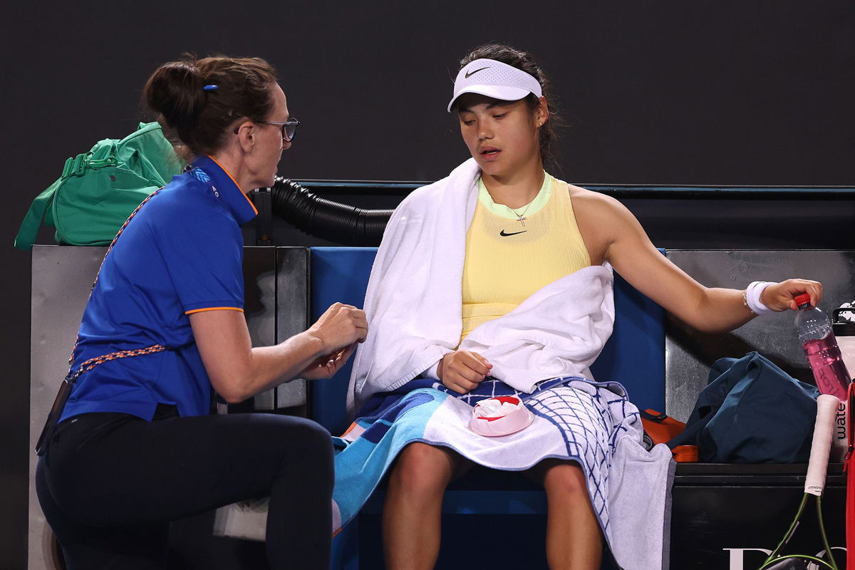 <i>Julian Finney/Getty Images</i><br/>Emma Raducanu received treatment during the early stages of the deciding set in Melbourne Park.