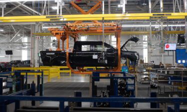 A Ford F-150 Lightning on a production line of the Ford Motor Co. Rouge Electric Vehicle Center (REVC) in Dearborn