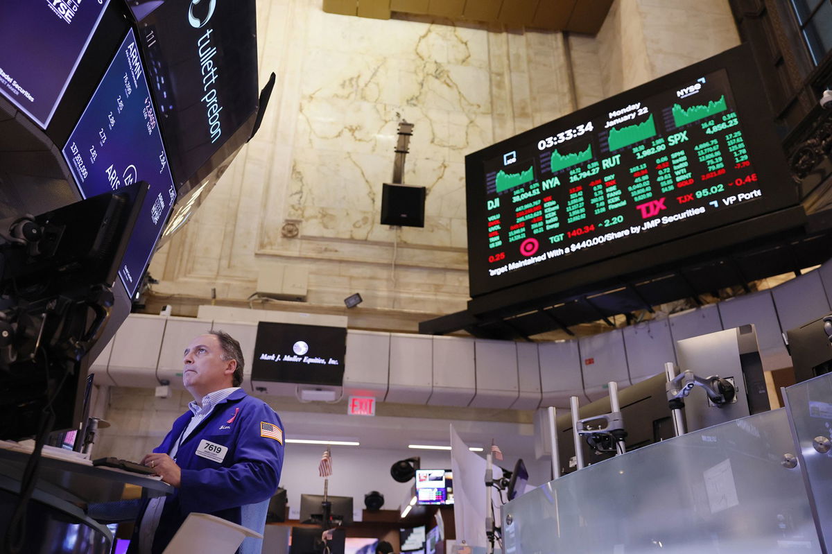 <i>Michael M. Santiago/Getty Images</i><br/>Traders are pictured working on the floor of the New York Stock Exchange during afternoon trading on January 22. The Dow crossed the 38