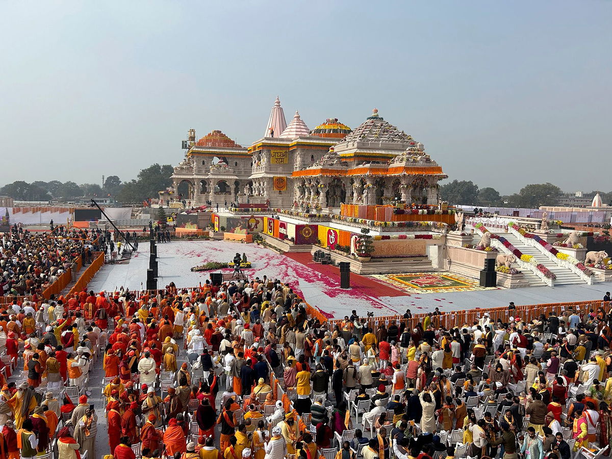 <i>Imtiyaz Khan/Anadolu/Getty Images</i><br/>Indian Prime Minister Narendra Modi plays a leading role in the ceremony consecrating a statue of the god Ram.