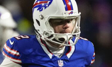 Buffalo Bills placekicker Tyler Bass reacts after missing a field goal against the Kansas City Chiefs during the fourth quarter of an NFL AFC division playoff football game Sunday