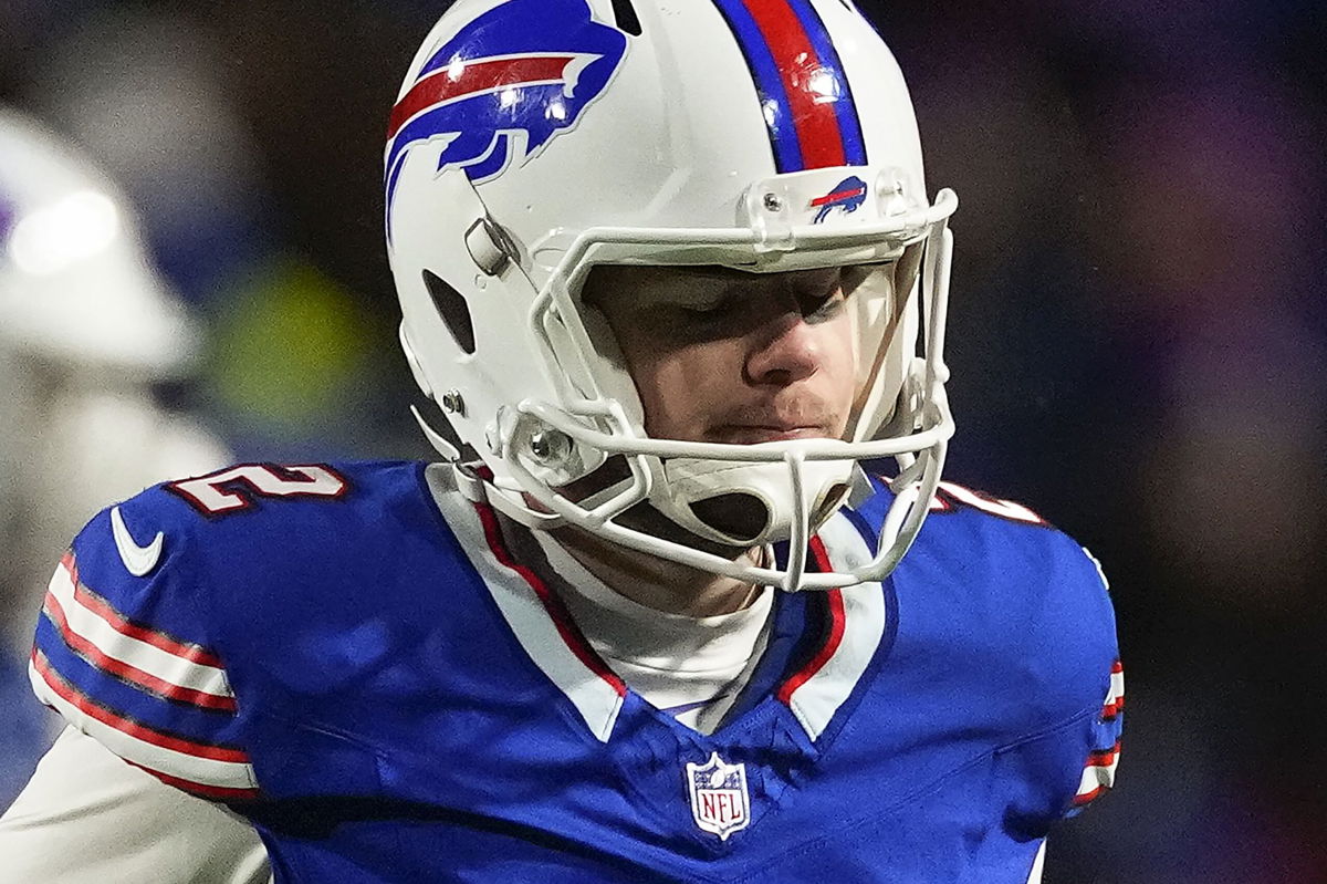 <i>Frank Franklin II/AP</i><br/>Buffalo Bills placekicker Tyler Bass reacts after missing a field goal against the Kansas City Chiefs during the fourth quarter of an NFL AFC division playoff football game Sunday