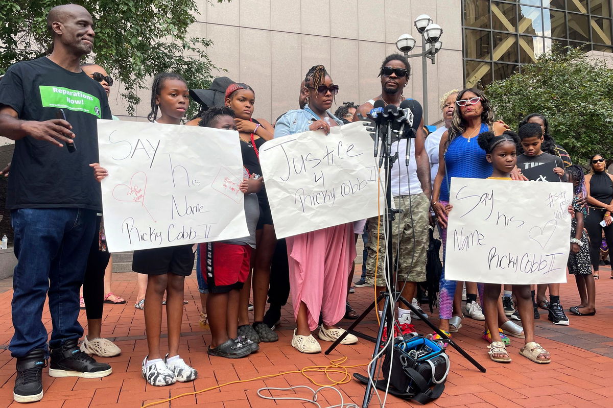 <i>Trisha Ahmed/AP</i><br/>Family members of Ricky Cobb II speak at a news conference outside Hennepin County Government Center on August 2