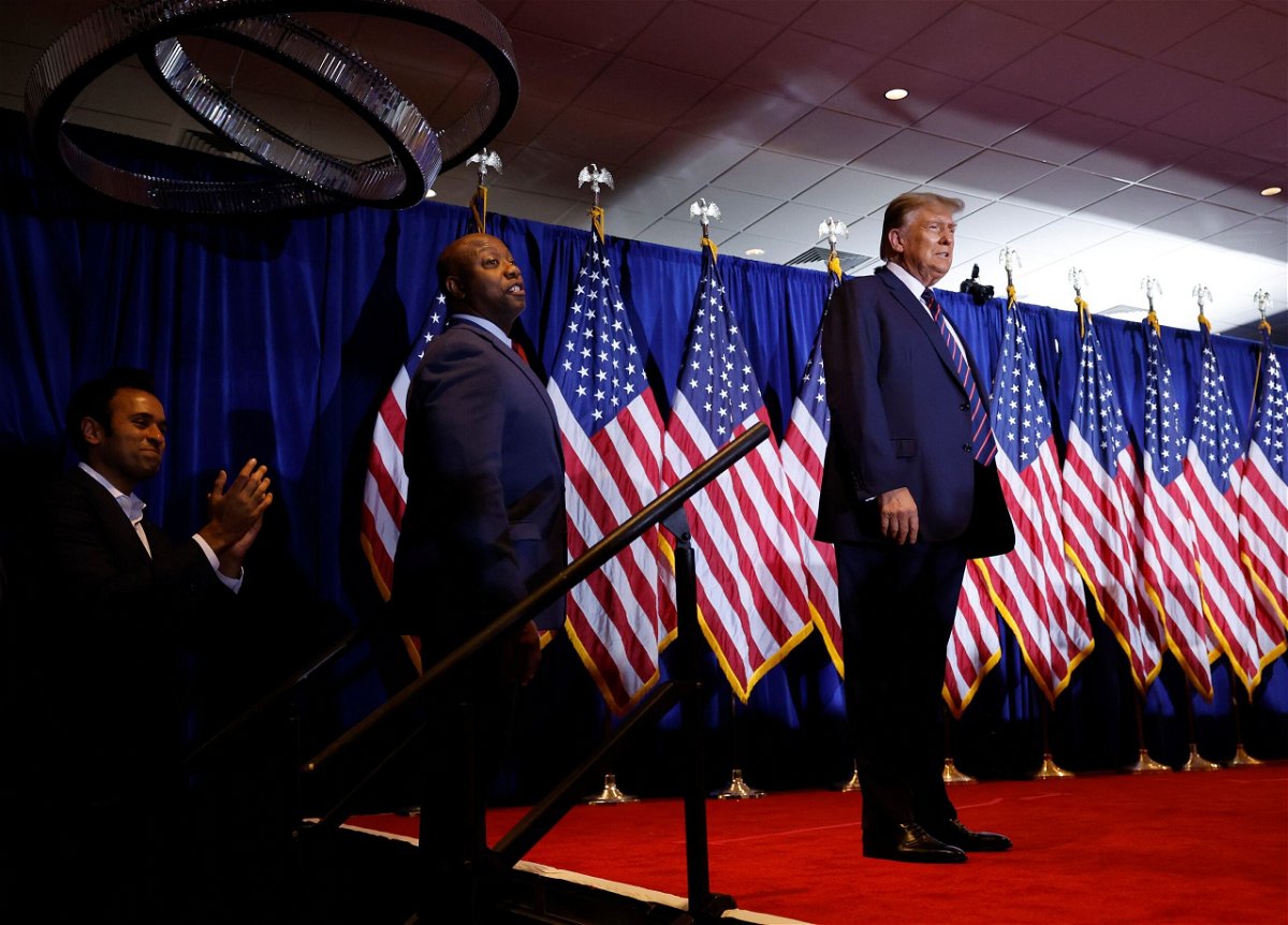 <i>Chip Somodevilla/Getty Images</i><br/>Former President Donald Trump takes the stage during his primary night party at the Sheraton on January 23 in Nashua