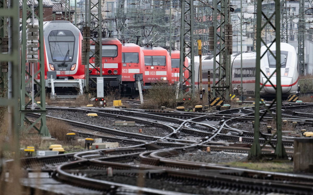 <i>Boris Roessler/picture alliance/Getty Images</i><br/>Deutsche Bahn passenger trains outside the Frankfurt am Main central station in Germany earlier this month. Unionized train drivers went on strike earlier in January