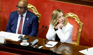 Chairperson of the African Union Azali Assoumani and Italy's Prime Minister Giorgia Meloni sit inside the Madama Palace (Senate) as Italy hosts the Italy-Africa summit.
