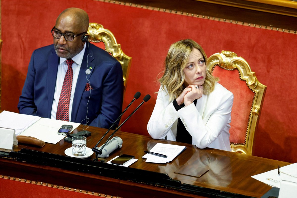 <i>Remo Casilli/Reuters</i><br/>Chairperson of the African Union Azali Assoumani and Italy's Prime Minister Giorgia Meloni sit inside the Madama Palace (Senate) as Italy hosts the Italy-Africa summit.