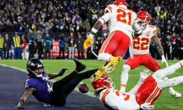 Baltimore Ravens wide receiver Zay Flowers (4) falls as he fumbles into the end zone for a touchback against the Kansas City Chiefs during the second half of the AFC Championship NFL football game