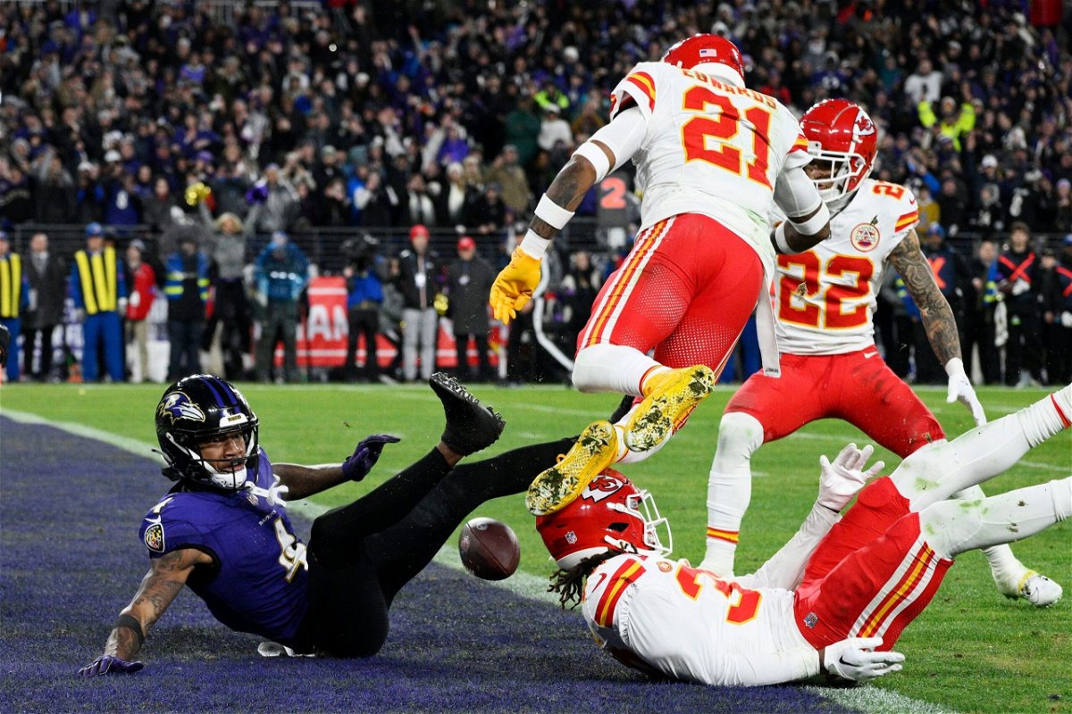<i>Nick Wass/AP</i><br/>Baltimore Ravens wide receiver Zay Flowers (4) falls as he fumbles into the end zone for a touchback against the Kansas City Chiefs during the second half of the AFC Championship NFL football game