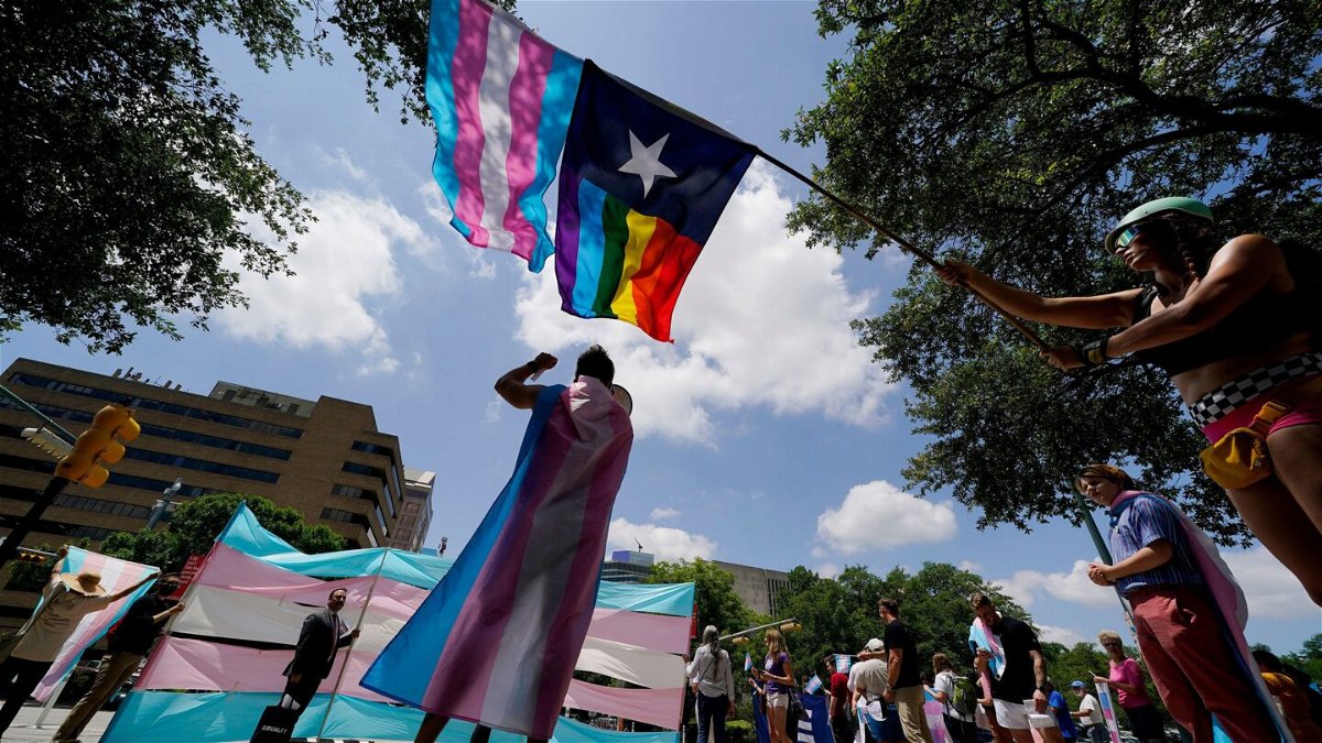 <i>Eric Gay/AP/FILE</i><br/>Demonstrators gathered on the steps to the Texas Capitol to speak against transgender-related legislation debated in the Texas Senate and House on May 20