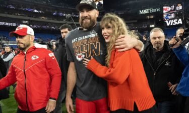 (From left) Travis Kelce and Taylor Swift at the AFC Championship NFL football game in Baltimore on January 28.