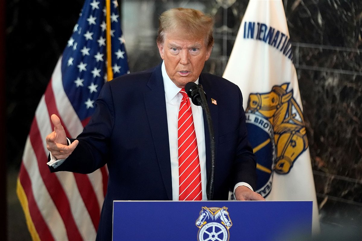 <i>Andrew Harnik/AP</i><br/>Former President Donald Trump speaks after meeting with Teamsters members at the union's headquarters in Washington