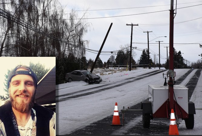 Apparent crash of car into phone pole on SW Canal Blvd. in Redmond early on Dec. 30, 2021 became homicide investigation when authorities learned Dustin Hilsendager, 26, had been shot; tips sought to solve case.