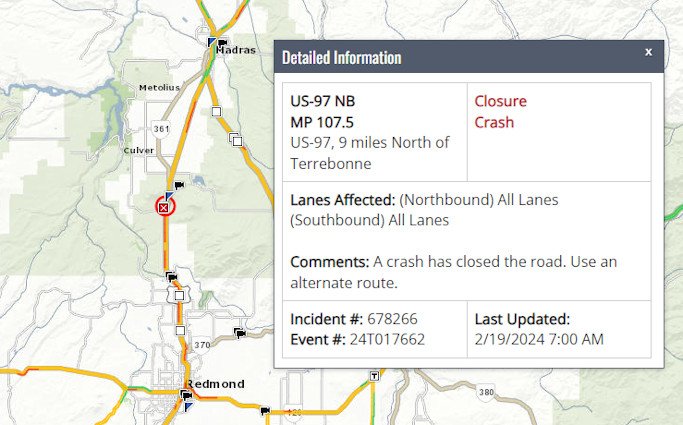 Fatal Crash on Highway 97 North of Terrebonne Prompts Closure Amid Snowfall in Central Oregon