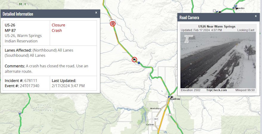 Crash closed U.S. Highway 26 near Warm Springs Saturday amid slick travel conditions for much of region