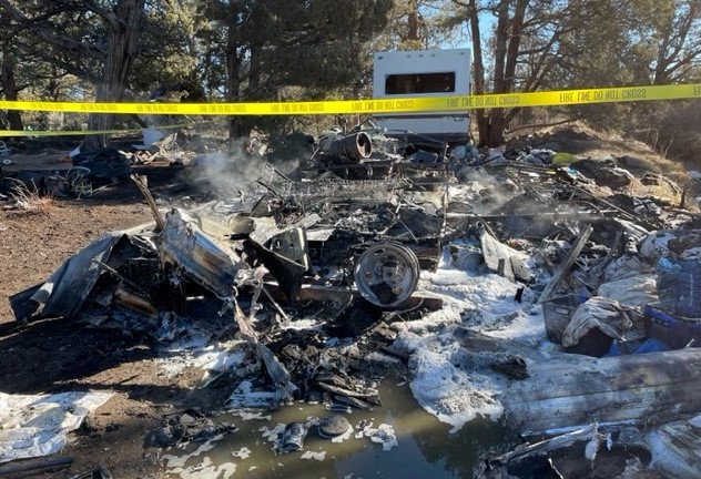 Motor home in ‘Dirt World’ homeless camp area north of Bend and Juniper Ridge destroyed by fire
