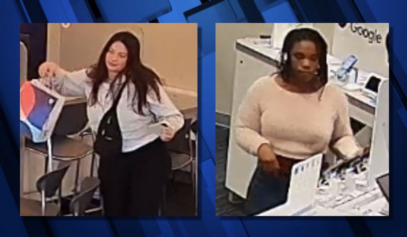 Redmond police released security photos earlier this year of 2 suspects in recent iPhone thefts in Redmond and Madras; Madras police say they arrested the woman on the left, Tiffany Nunn, last week