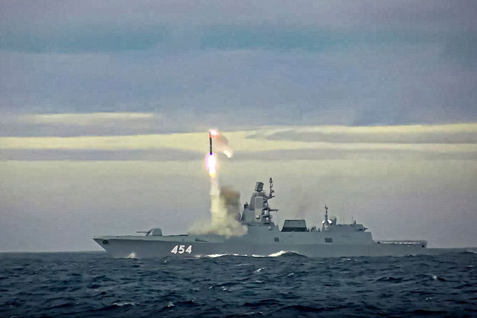 In this image taken from video released by Russian Defense Ministry in 2022, a Zircon hypersonic cruise missile is launched by a Russian navy frigate from the Barents Sea.