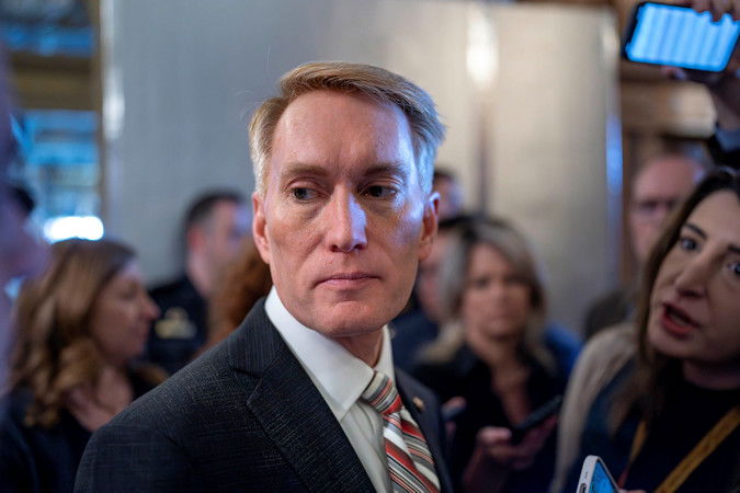 Sen. James Lankford, the lead GOP negotiator on a border-foreign aid package, speaks with reporters outside the chamber at the Capitol in Washington on January 25.