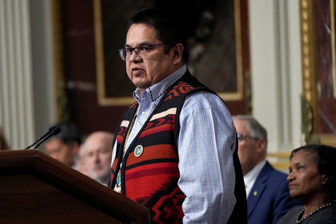 Chair Jonathan W. Smith, Sr., of the Confederated Tribes of the Warm Springs Reservation speaks during a signing ceremony on Friday at the White House.