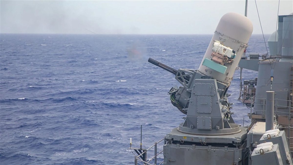<i>Santiago Navarro/U.S. Navy</i><br/>The guided-missile cruiser USS Antietam fires a Phalanx Close-In Weapon System (CIWS) during a live-fire exercise